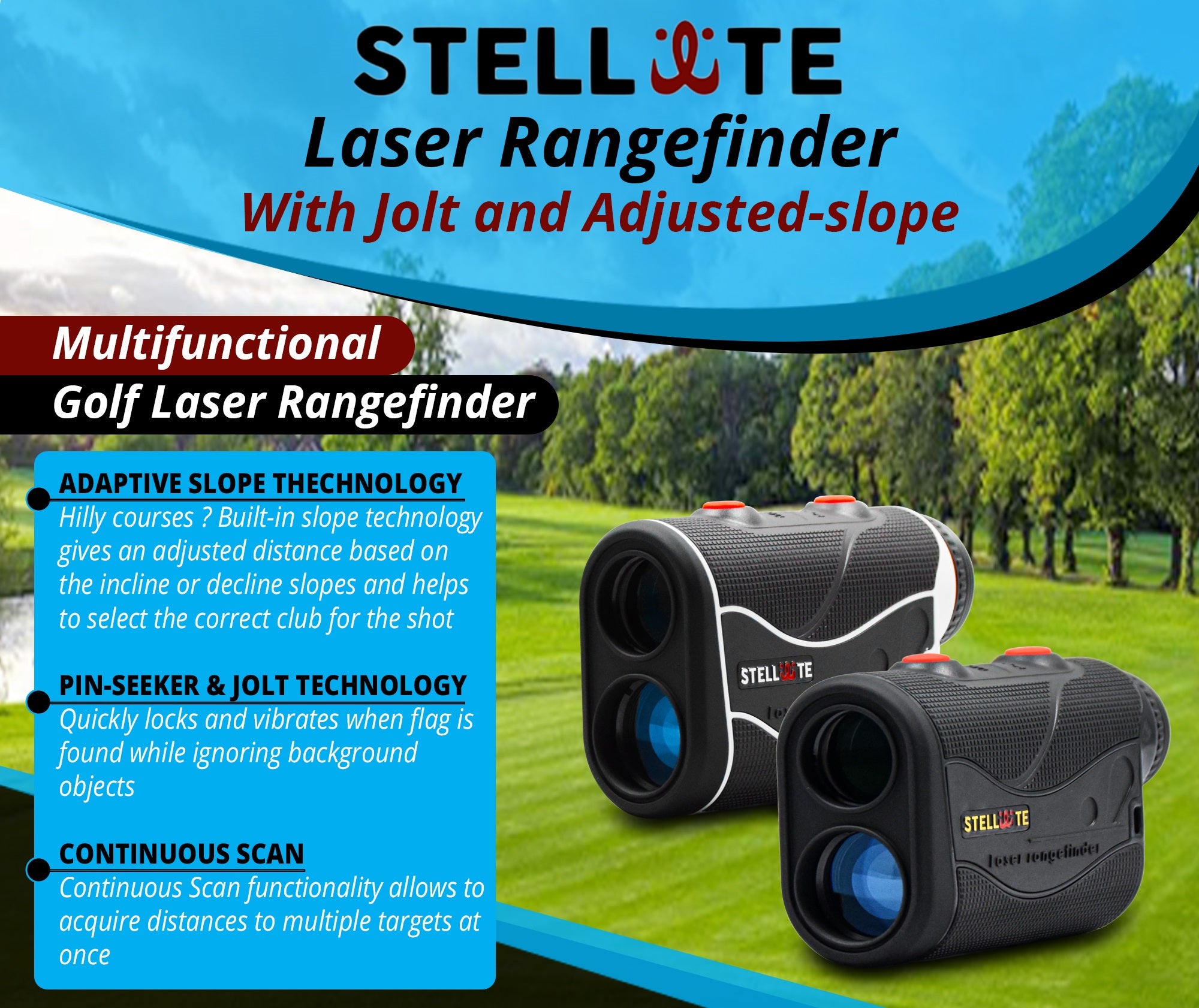 Stellate Golf Rangefinder with Slope, Vibrate on Flag Lock, Slope  Adjustment Technology
